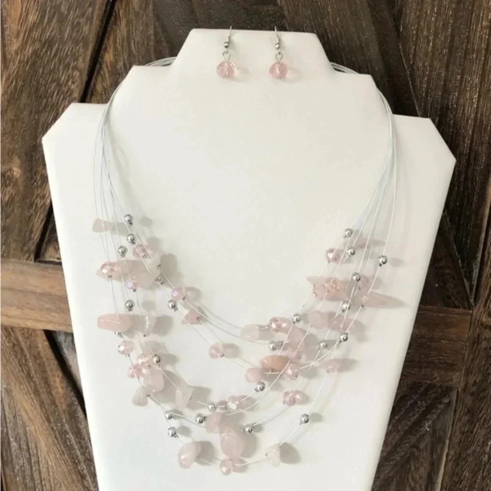 Rose Quartz & Pink Crystal Floating Beads Handmade Necklace & Earrings Set NWT